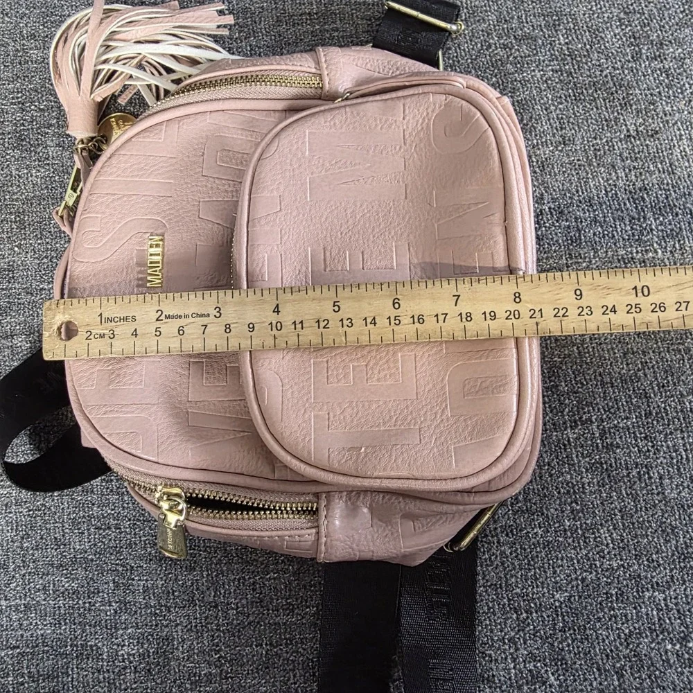 Steve Madden Mini Logo Embossed Backpack Light Pink Faux Leather Black Straps